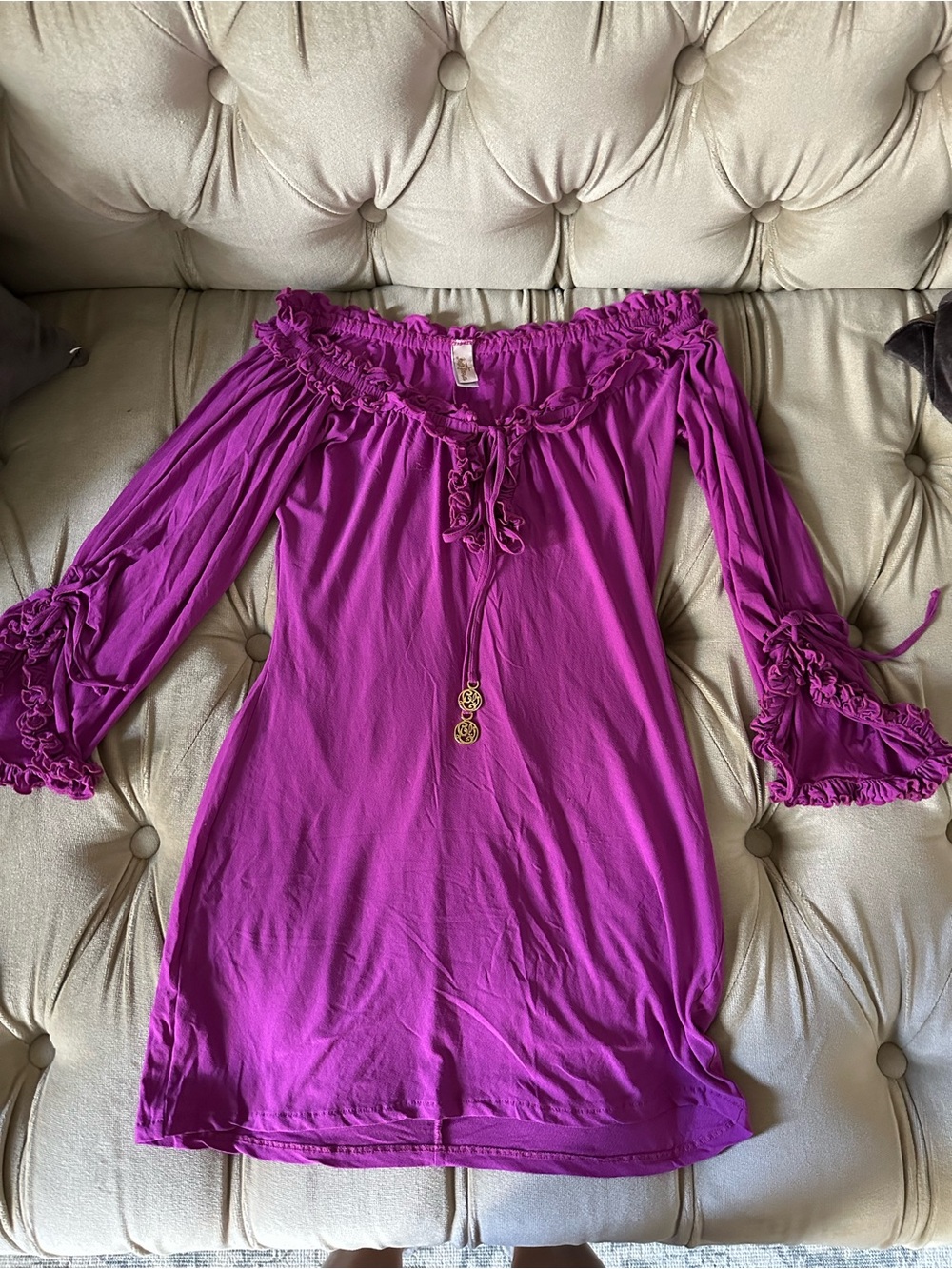Luli Fama Off-Shoulder Ruffled Tunic in Vivid Magenta